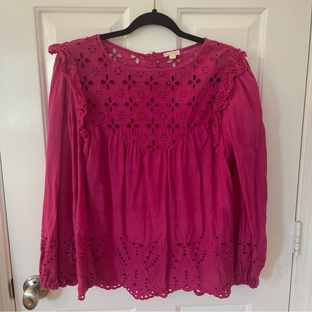 NWOT Jennifer & Grace hot pink eyelet long sleeve blouse - Picture 2 of 16